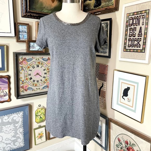 Ann Taylor Loft Gray Cotton Knit Short Sleeve Stretch Mini Dress with Beading XL - Picture 1 of 7